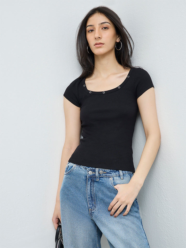 Nuon Black Textured Cotton-Blend T-Shirt