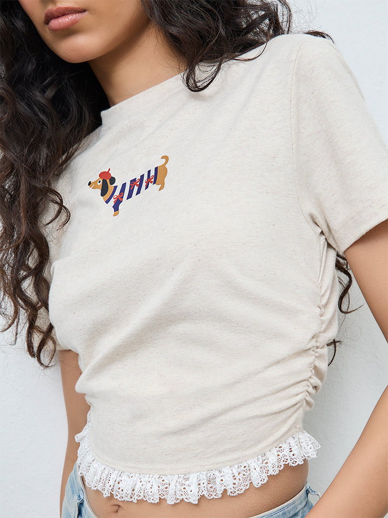 Nuon Beige Printed Cotton-Blend T-Shirt