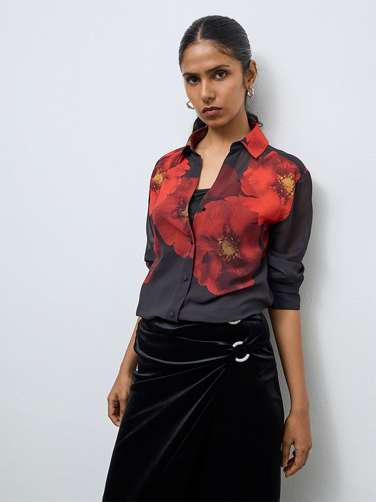 Wardrobe Black Floral Printed Shirt with Camisole