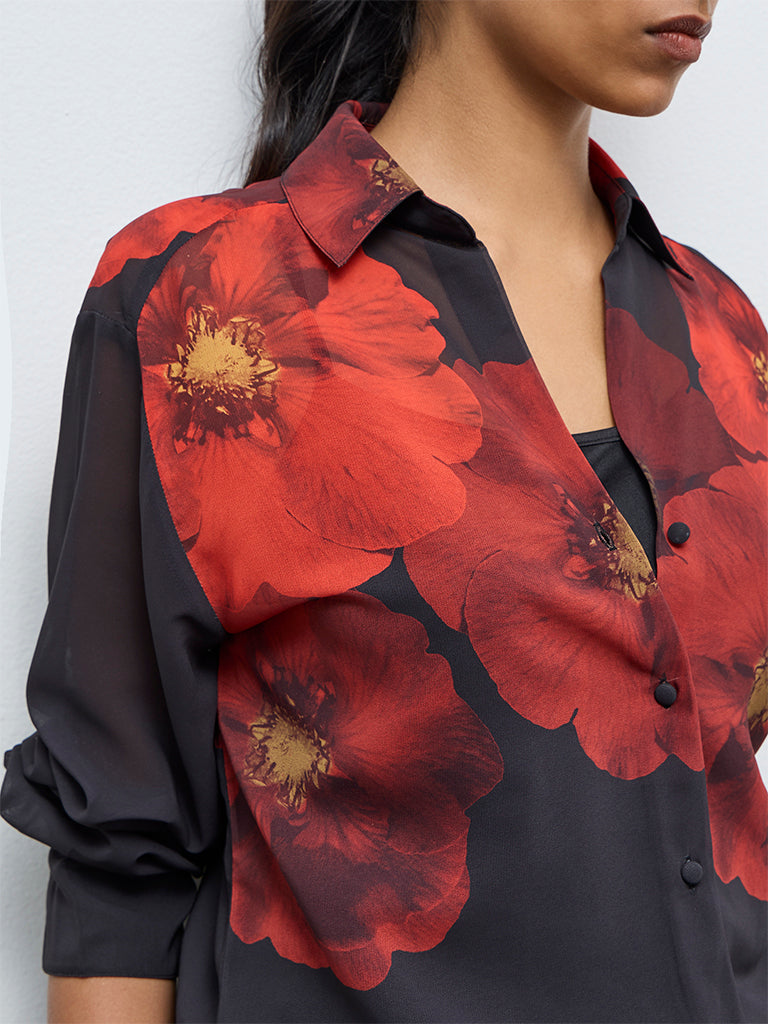 Wardrobe Black Floral Printed Shirt with Camisole