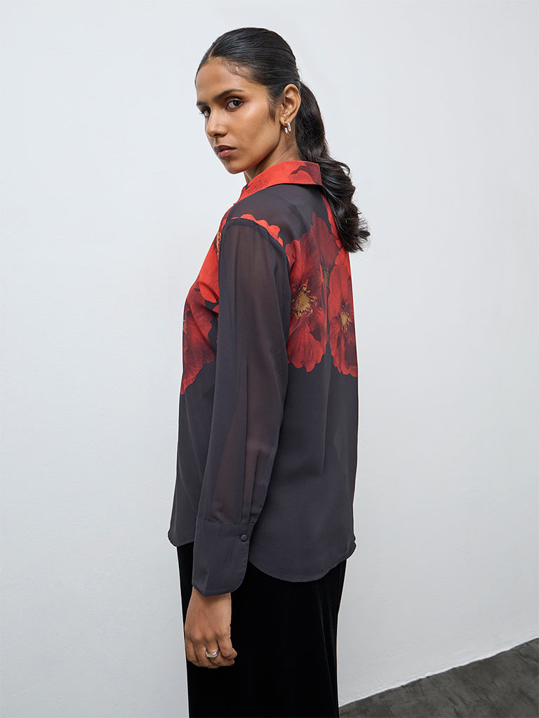Wardrobe Black Floral Printed Shirt with Camisole