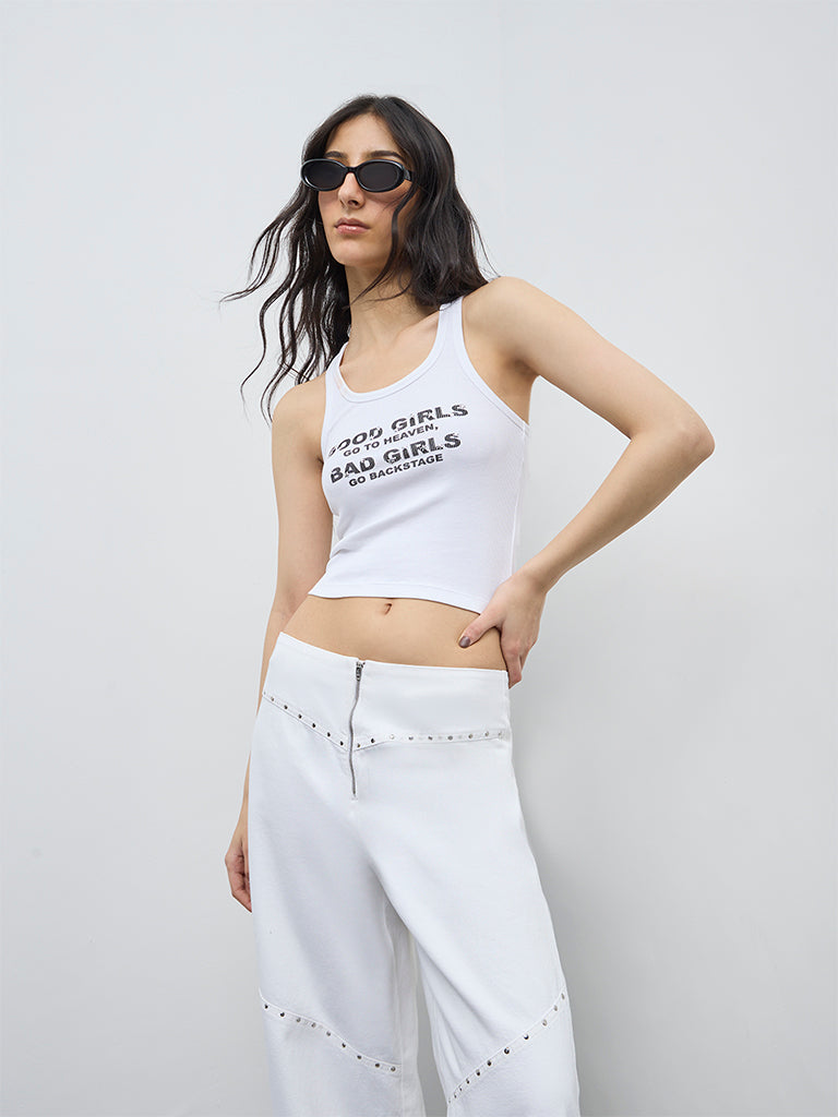 Nuon White Typographic Cotton-Blend Tank Top
