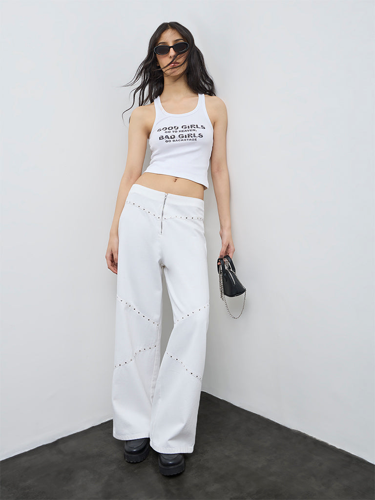 Nuon White Typographic Cotton-Blend Tank Top