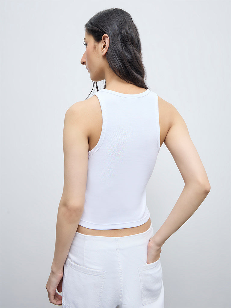 Nuon White Typographic Cotton-Blend Tank Top