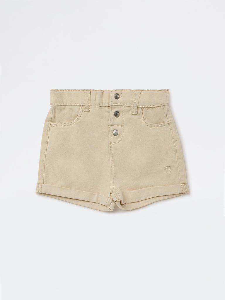 HOP Baby Girls Beige High-Rise Denim Shorts