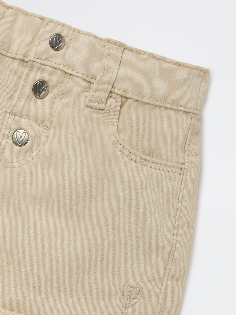 HOP Baby Girls Beige High-Rise Denim Shorts