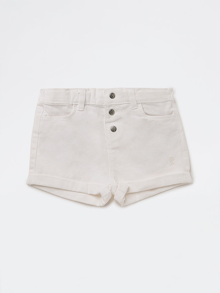 HOP Baby Girls White High-Rise Denim Shorts