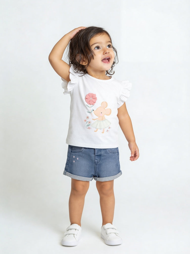 HOP Baby Girls Light Blue Embroidered Denim Shorts