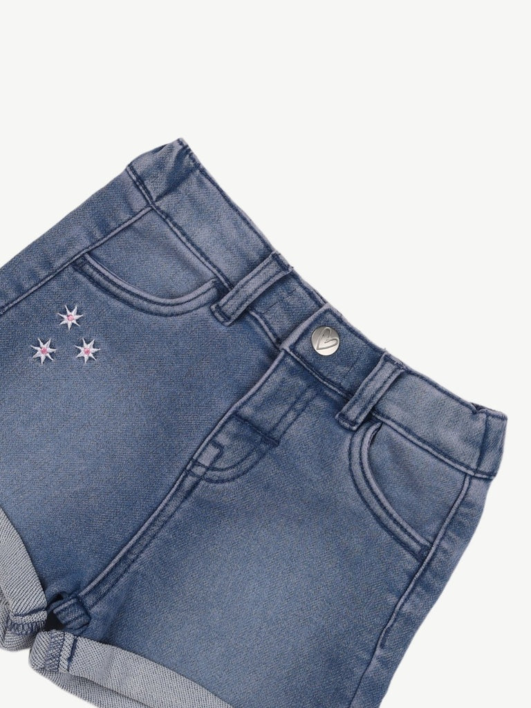 HOP Baby Girls Light Blue Embroidered Denim Shorts