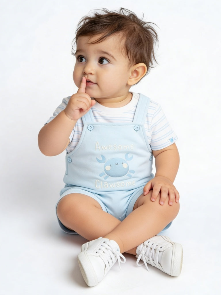 HOP Baby Boys Blue Striped Cotton Dungaree with T-Shirt Set
