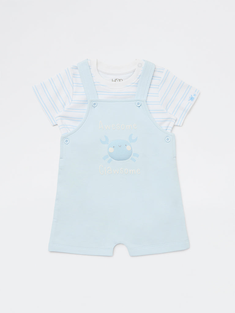 HOP Baby Boys Blue Striped Cotton Dungaree with T-Shirt Set