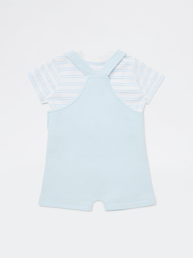 HOP Baby Boys Blue Striped Cotton Dungaree with T-Shirt Set