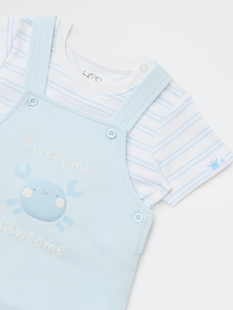 HOP Baby Boys Blue Striped Cotton Dungaree with T-Shirt Set