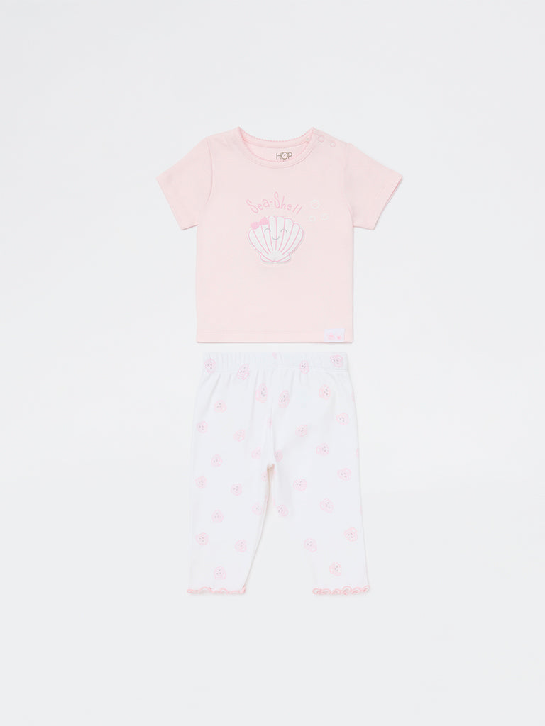 HOP Baby Girls Pink Printed Cotton T-Shirt and Pants Set
