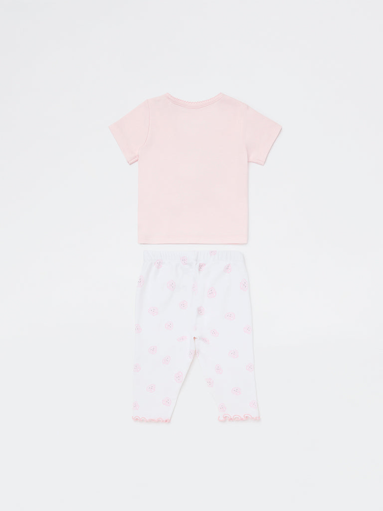 HOP Baby Girls Pink Printed Cotton T-Shirt and Pants Set