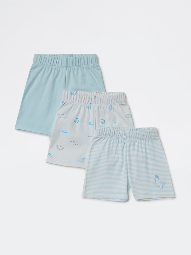 HOP Baby Boys Blue Printed Mid-Rise Cotton Shorts - Pack of 3