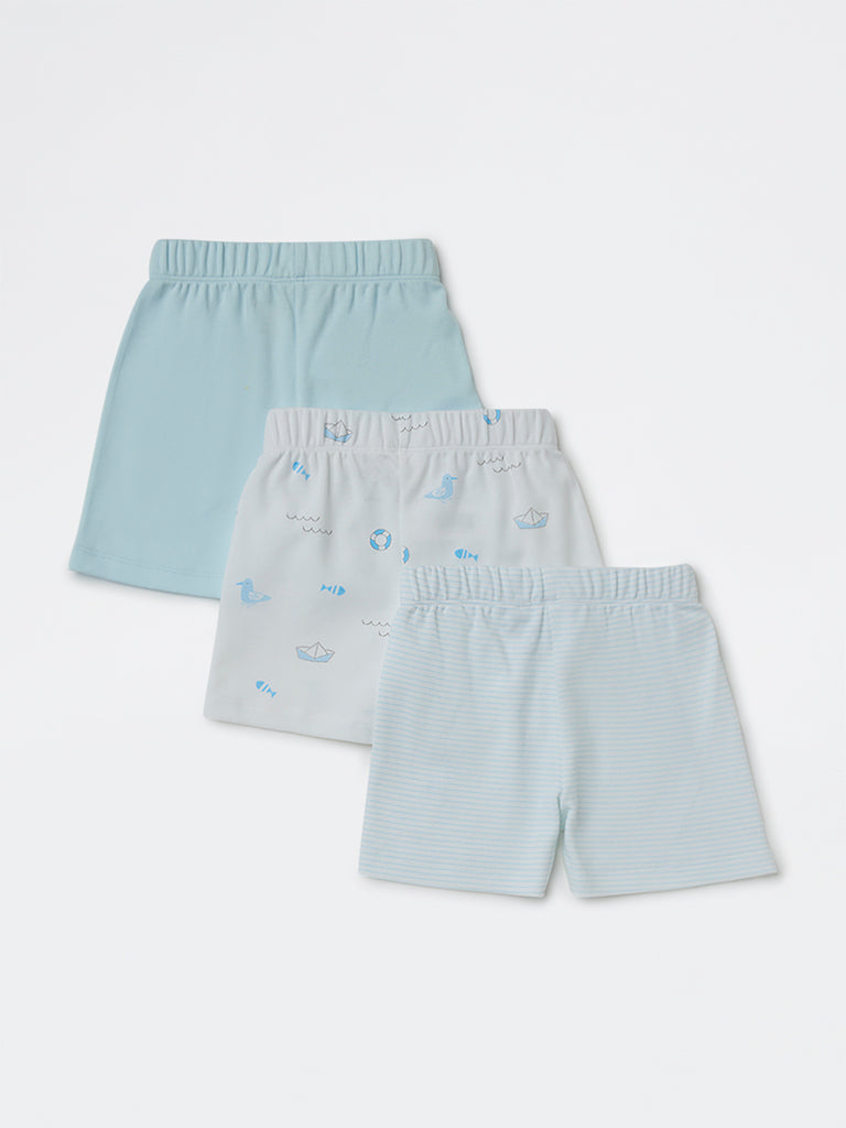 HOP Baby Boys Blue Printed Mid-Rise Cotton Shorts - Pack of 3