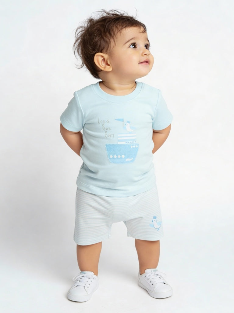 HOP Baby Boys Blue Printed Cotton T-Shirts - Pack of 3