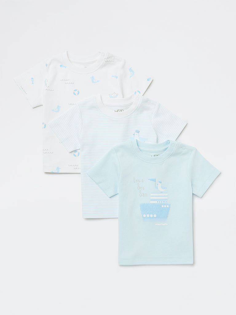 HOP Baby Boys Blue Printed Cotton T-Shirts - Pack of 3