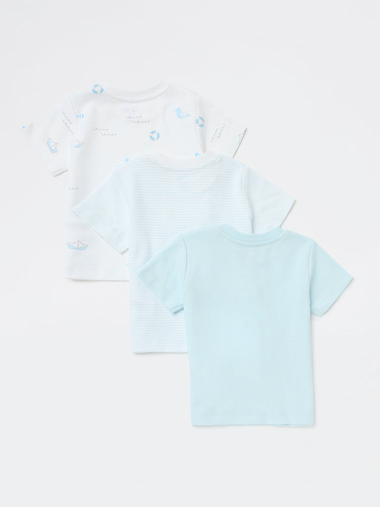 HOP Baby Boys Blue Printed Cotton T-Shirts - Pack of 3