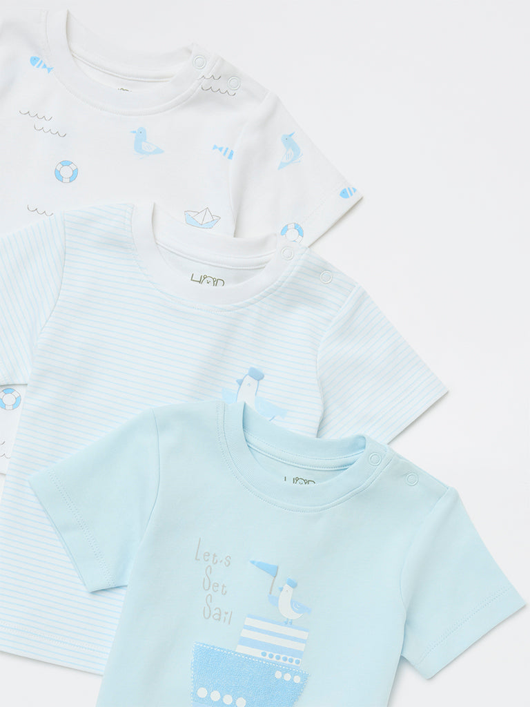 HOP Baby Boys Blue Printed Cotton T-Shirts - Pack of 3