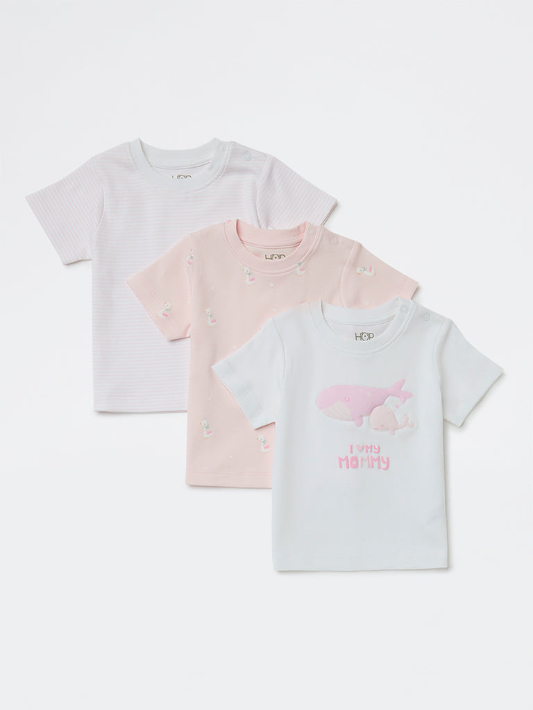 HOP Baby Girls Pink Printed Cotton T-Shirts - Pack of 3