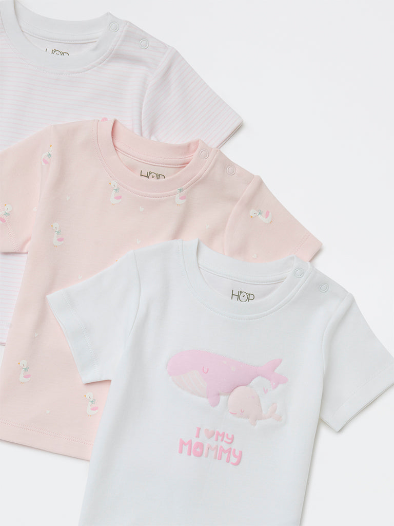 HOP Baby Girls Pink Printed Cotton T-Shirts - Pack of 3