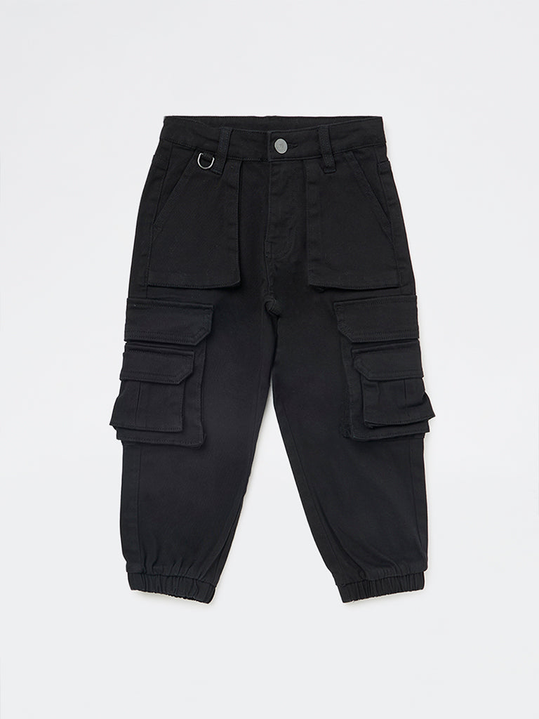 HOP Kids Boys Black Mid-Rise Cotton-Blend Cargo Joggers