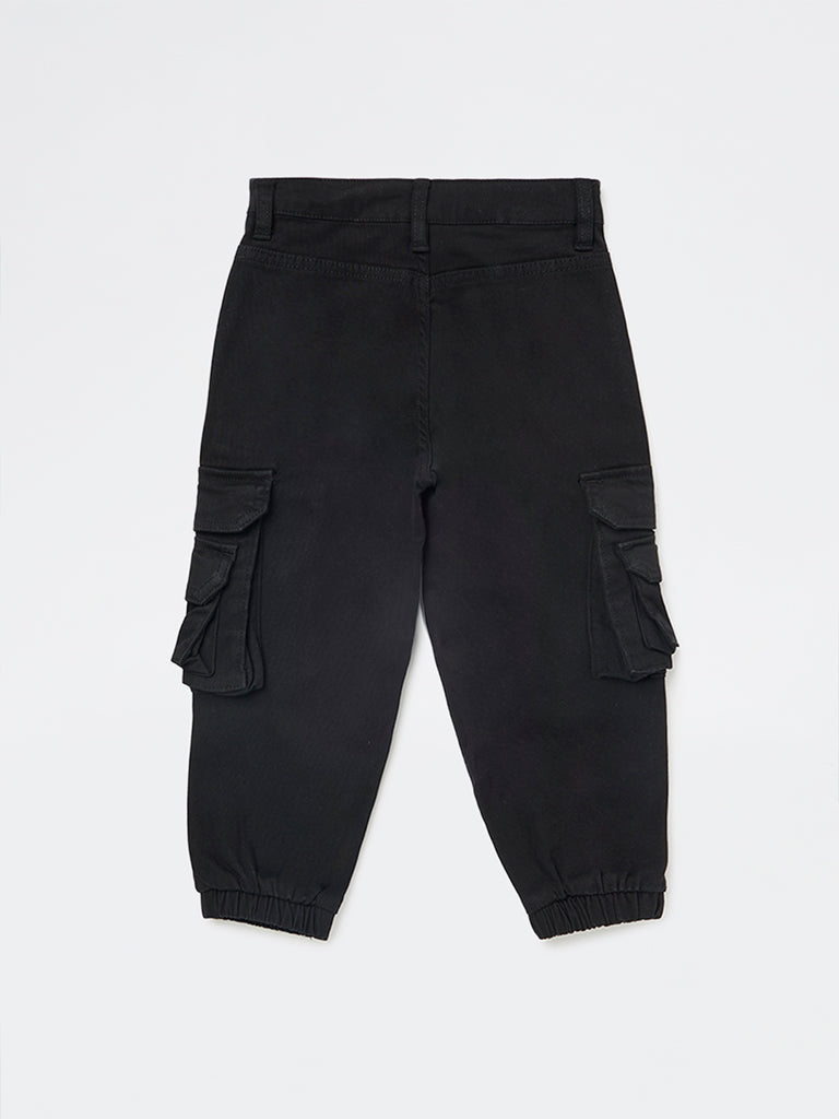 HOP Kids Boys Black Mid-Rise Cotton-Blend Cargo Joggers