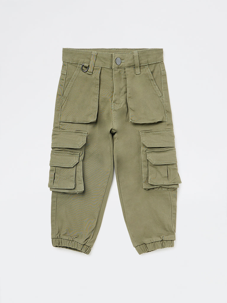 HOP Kids Boys Olive Mid-Rise Cotton-Blend Cargo Joggers