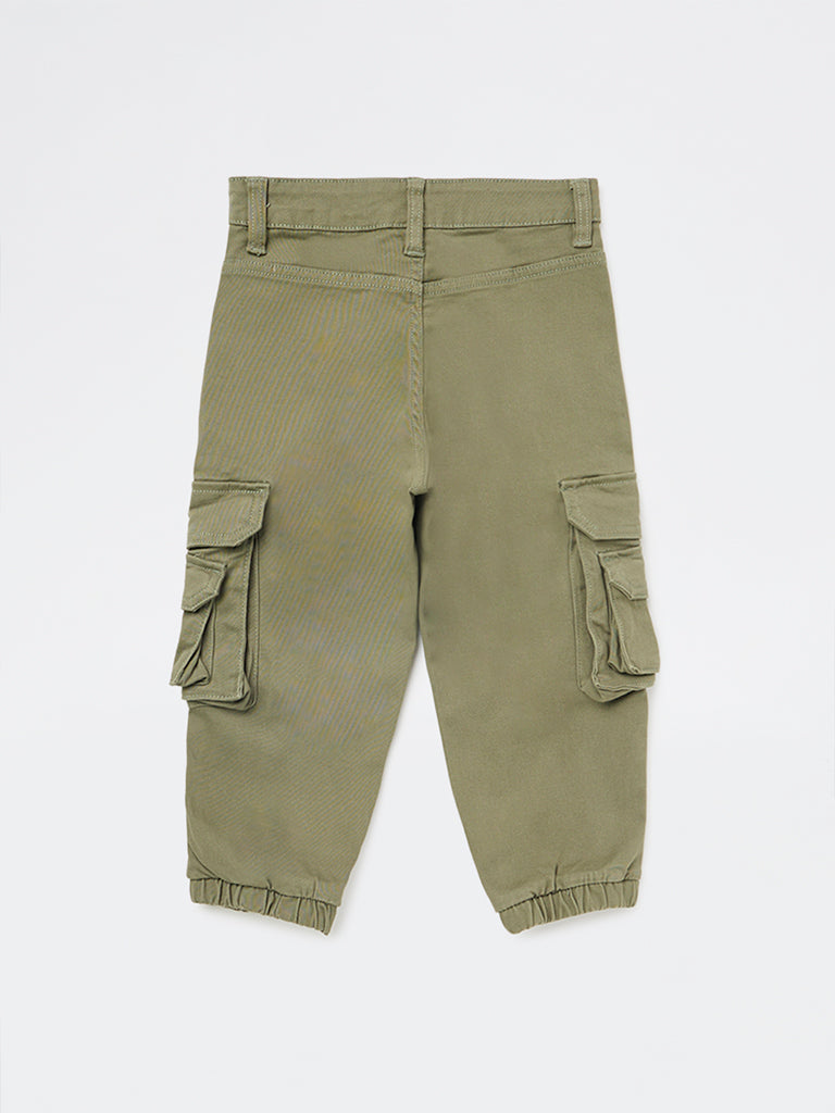 HOP Kids Boys Olive Mid-Rise Cotton-Blend Cargo Joggers
