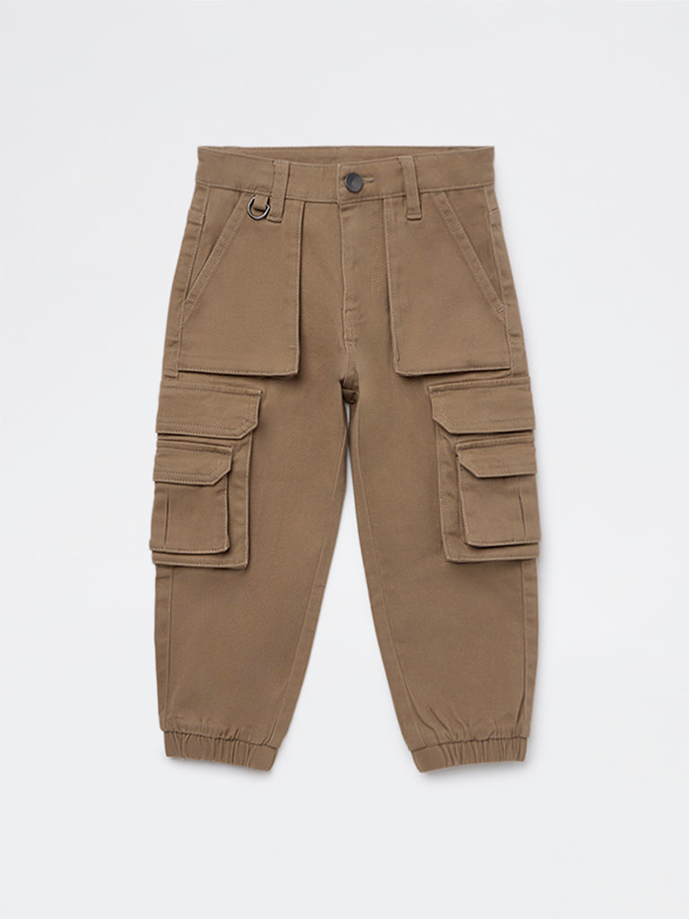 HOP Kids Boys Taupe Mid-Rise Cotton-Blend Cargo Pants