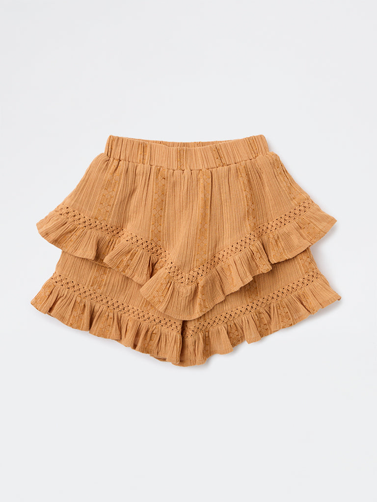 HOP Kids Girls Dusty Orange Crinkle-Textured Cotton-Blend Skirt