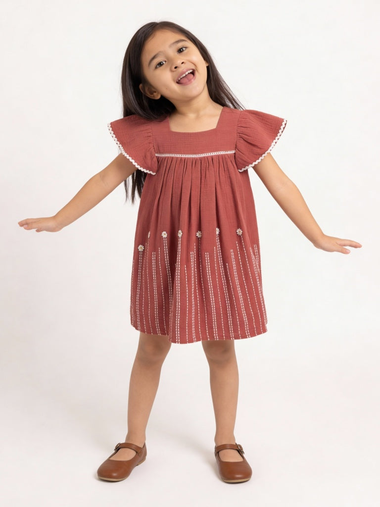 Buy HOP Kids Girls Rust Embroidered Empire-Line Cotton Dress from Westside
