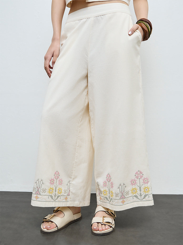 Bombay Paisley Off-White Embroidered Cotton-Blend Pants