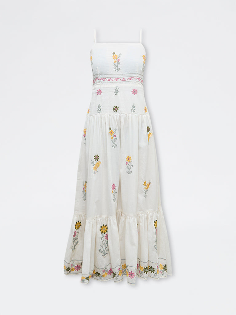Bombay Paisley Off-White Floral Embroidered Cotton Tiered Dress