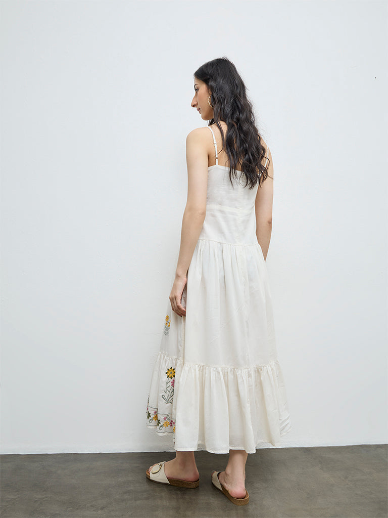 Bombay Paisley Off-White Floral Embroidered Cotton Tiered Dress