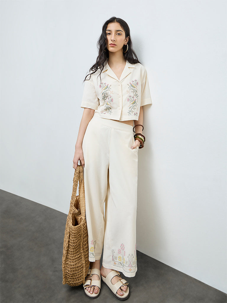 Buy Bombay Paisley Off-White Embroidered Cotton-Blend Shirt from