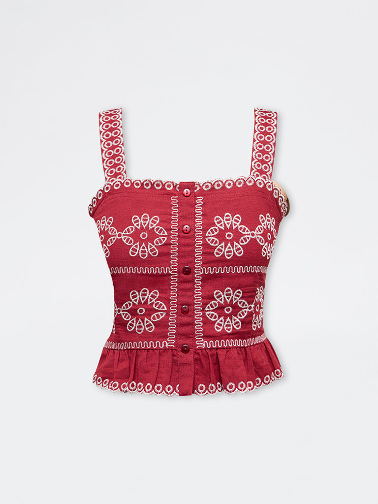 Bombay Paisley Red Embroidered Cotton-Blend Top