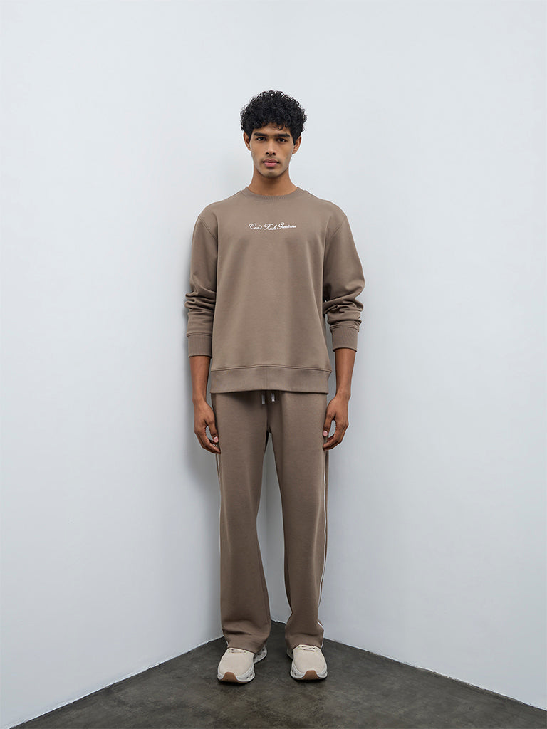 Nuoflexx Taupe Text Design Cotton-Blend Relaxed-Fit Sweatshirt