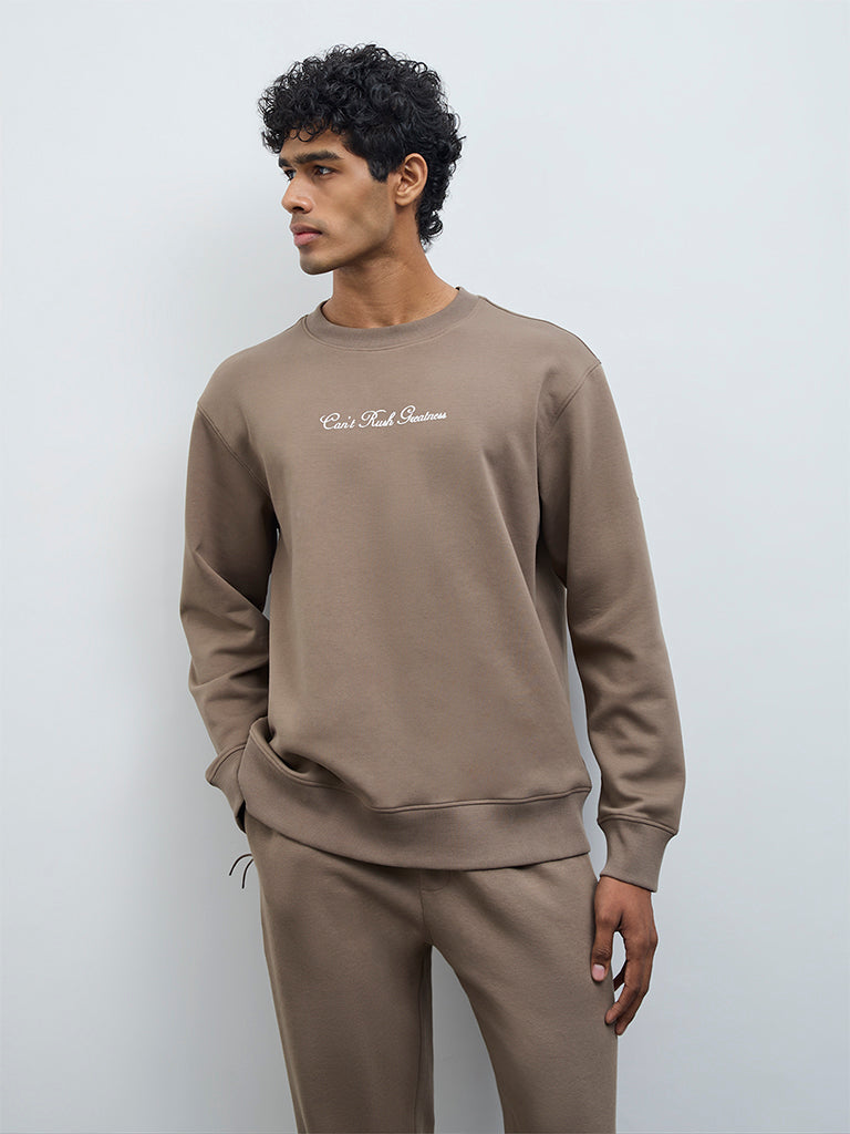 Nuoflexx Taupe Text Design Cotton-Blend Relaxed-Fit Sweatshirt