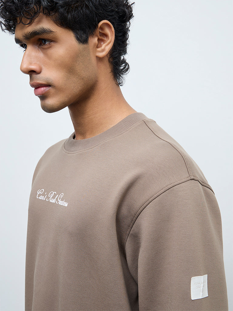 Nuoflexx Taupe Text Design Cotton-Blend Relaxed-Fit Sweatshirt