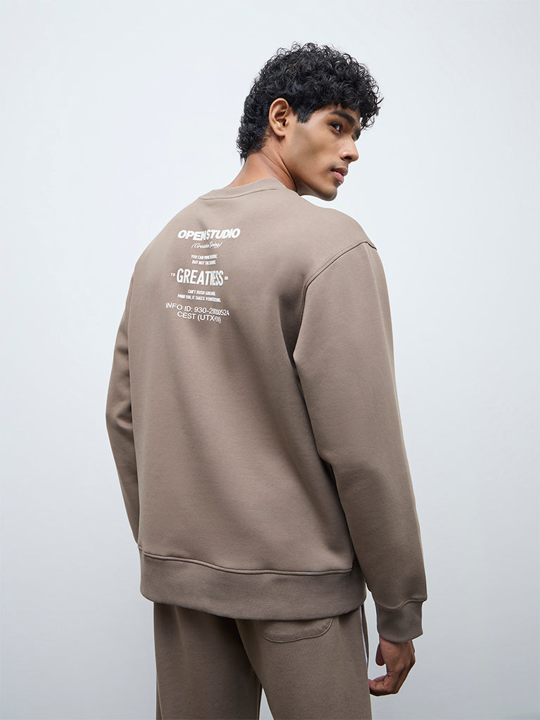 Nuoflexx Taupe Text Design Cotton-Blend Relaxed-Fit Sweatshirt