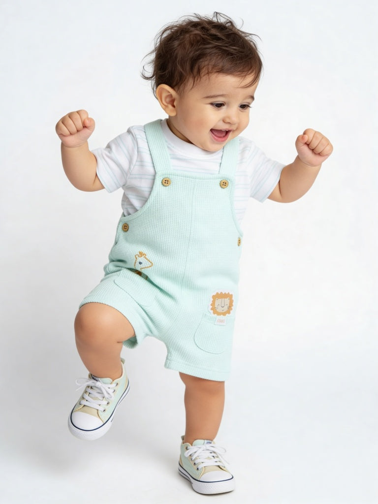 HOP Baby Boys Sage Embroidered Cotton Dungaree with T-Shirt Set