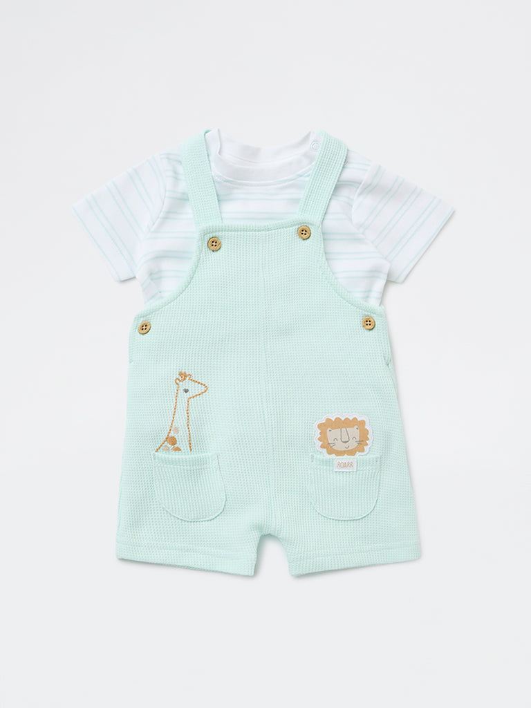 HOP Baby Boys Sage Embroidered Cotton Dungaree with T-Shirt Set