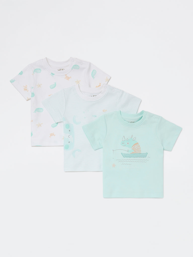 HOP Baby Boys Blue Printed Cotton T-Shirts - Pack of 3