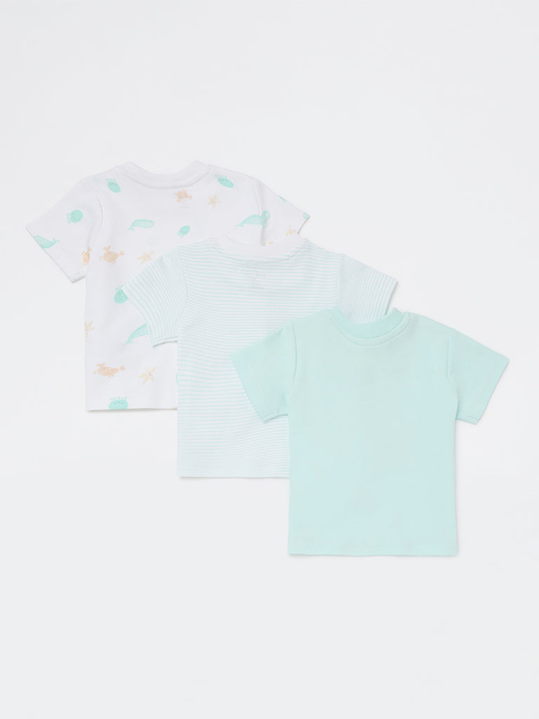 HOP Baby Boys Blue Printed Cotton T-Shirts - Pack of 3