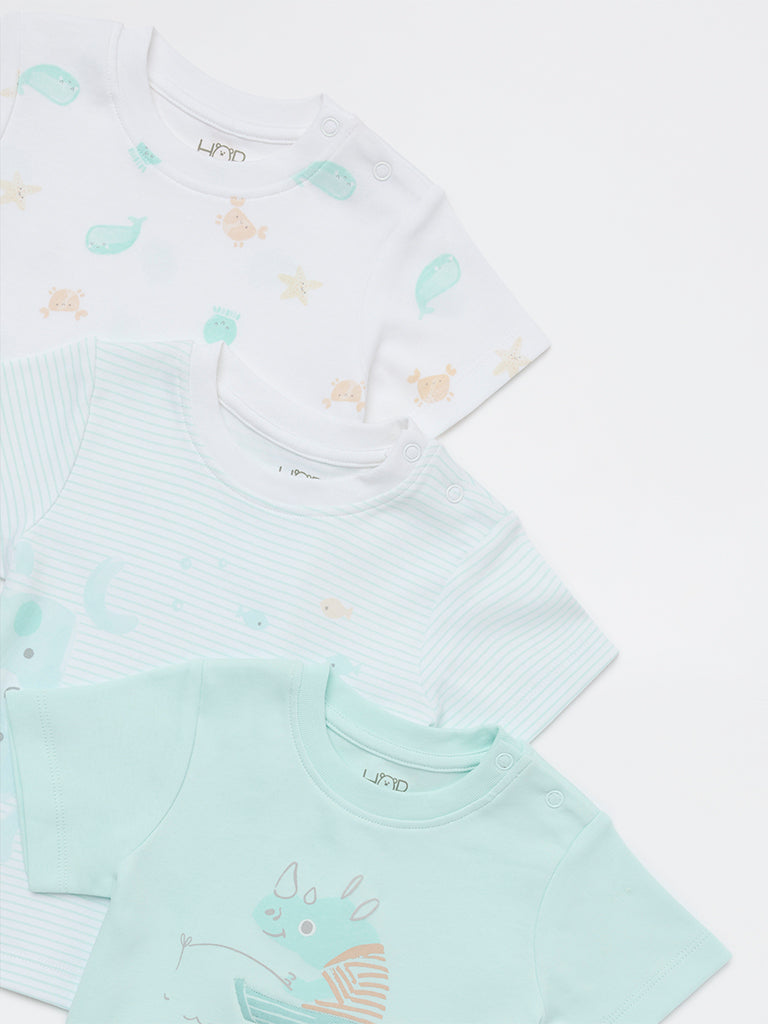HOP Baby Boys Blue Printed Cotton T-Shirts - Pack of 3