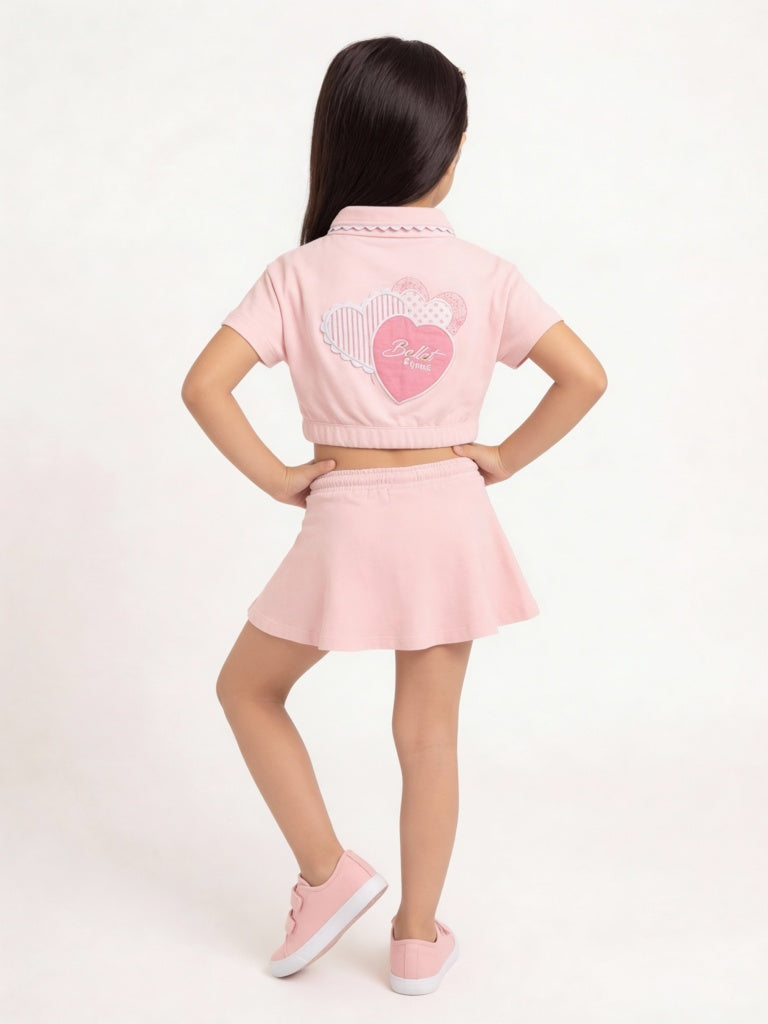HOP Kids Girls Pink Cotton High-Rise T-Shirt and Skirt Set