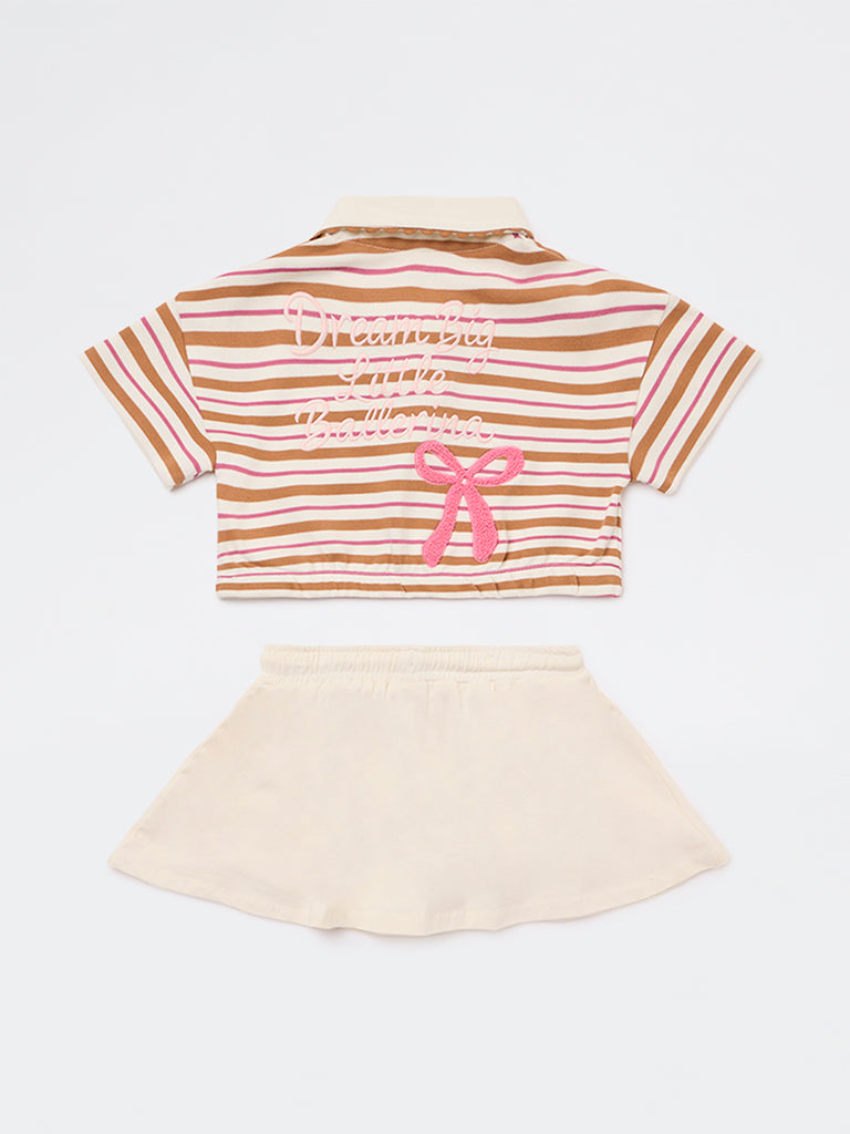 HOP Kids Girls Tan Striped Cotton Polo T-Shirt with Skirt